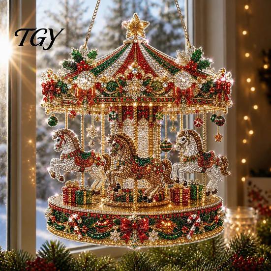 Decorative Acrylic Craft Christmas Faux Diamond Art Suncatcher, 2D Flat Window Hanging Ornament, Ornament Beaded Pattern Holiday Decoration for Home,