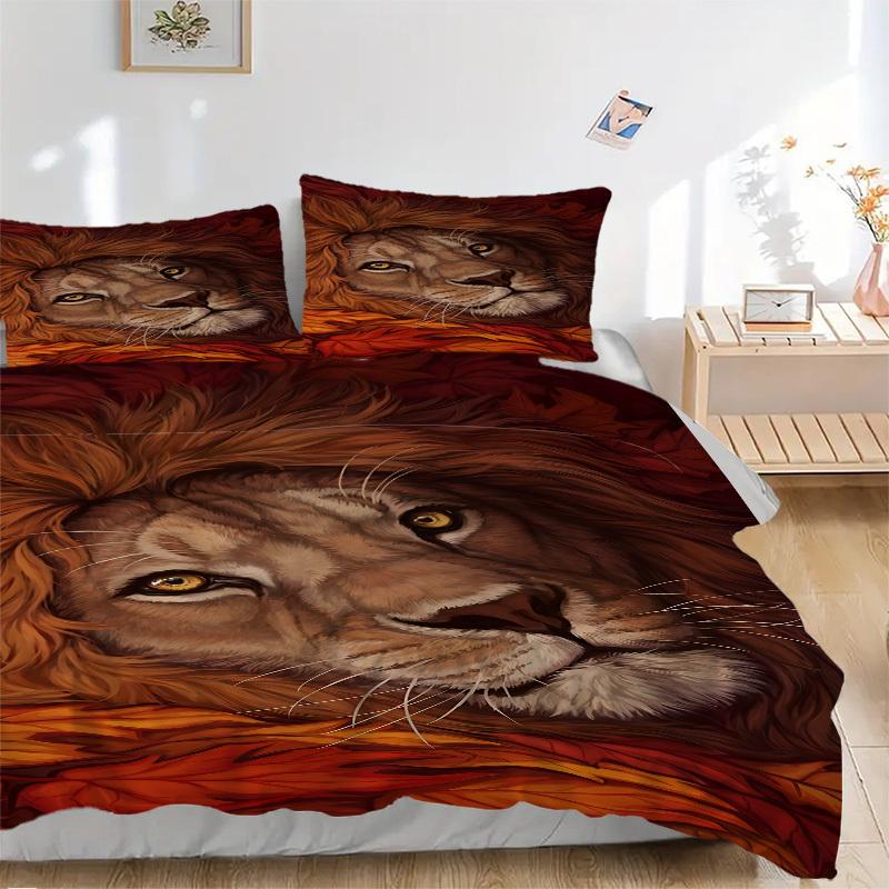 3pcs Lion, Autumn Leaves Bedding Set - 1 Duvet Cover + 2 Pillowcases(Core Not Included), Machine Washable Polyester yy251216142