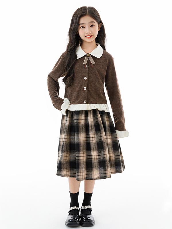 Комплект из двух предметов для девочек: осенняя клетчатая юбка и вязаный кардиган