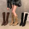Женские сапоги-чулки средней длины на высоком каблуке из замши кофейного цвета, весна, осень и зима 2025, с острым носком