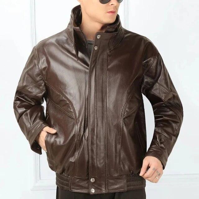 Cow Leather Loose Cotton Men Leather Coats Winter Stand Collar Genuine Leather Jackets Solid Warm Zipper Pockets Pilot Overcoat