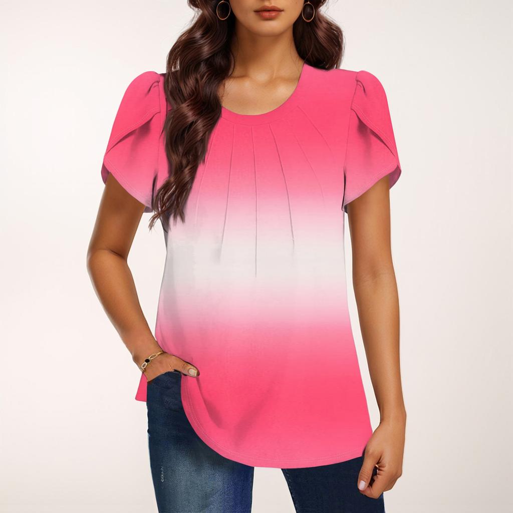 Женская модная футболка с круглым вырезом и коротким рукавом с градиентным принтом, повседневная базовая плиссированная футболка-пуловер