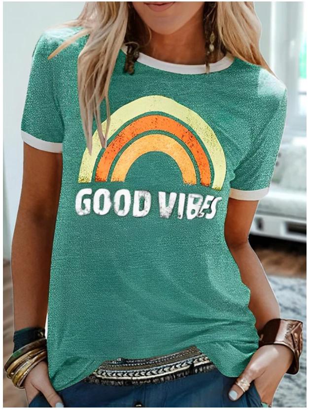 2024 Трендовая женская футболка с радужным принтом «Good Vibes» с круглым вырезом и коротким рукавом