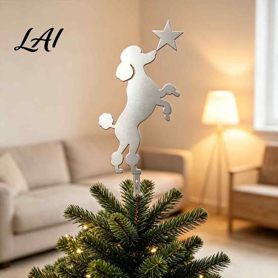 Holiday Tree Ornament Standing Poodle Christmas Topper Silver Silhouette Durable Metal Decoration Secure Cute Plug-in Rod Easy Installation for Home