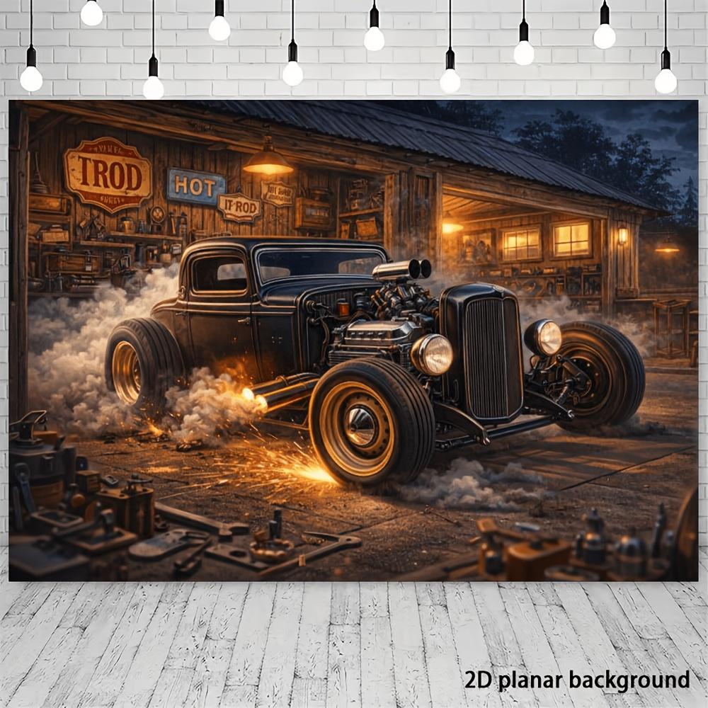 2D plane, 1 piece of retro motorcycle-themed banner background fabric, suitable for home decoration and office decoration