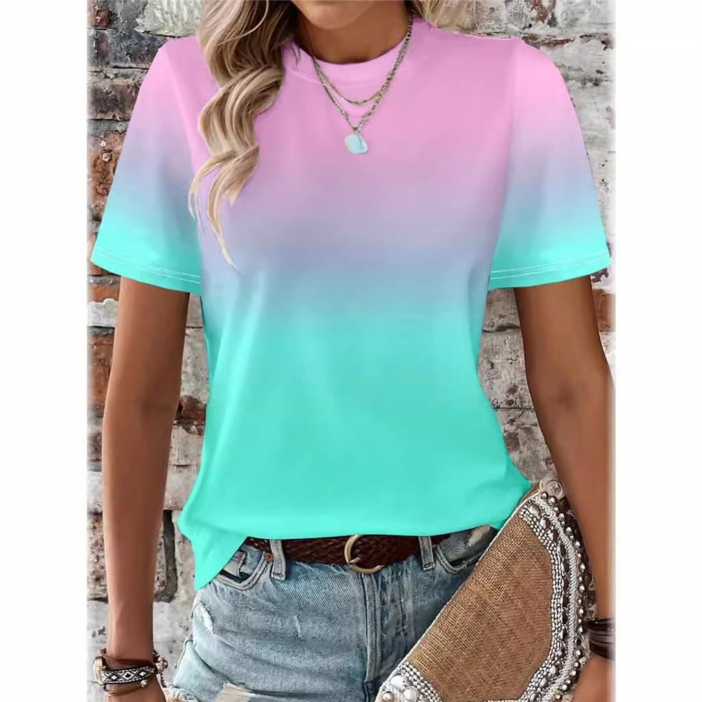 Summer Round Neck 3D Gradient Print T-shirts Fashionable Casual Short Sleeved Women's T-shirts