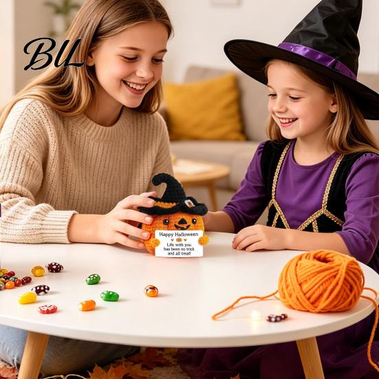 Handmade Woolen Ornament Crochet Positive Pumpkin with Witch Hat, Fall Boo Basket Stuffer, Miniature Plush Toy Mini Knitted Figurine, Tabletop