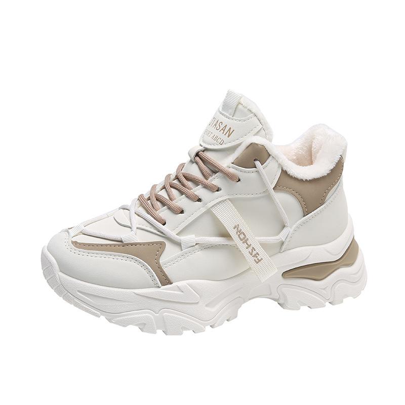 Женская обувь 2024 года, зимняя обувь Plus Velvet Dad, корейская версия, теплые высокие кроссовки со шнуровкой, женская повседневная обувь из белого хлопка
