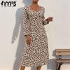 Женская мода весна осень леопардовый принт длинный рукав квадратный воротник высокая талия повседневные платья