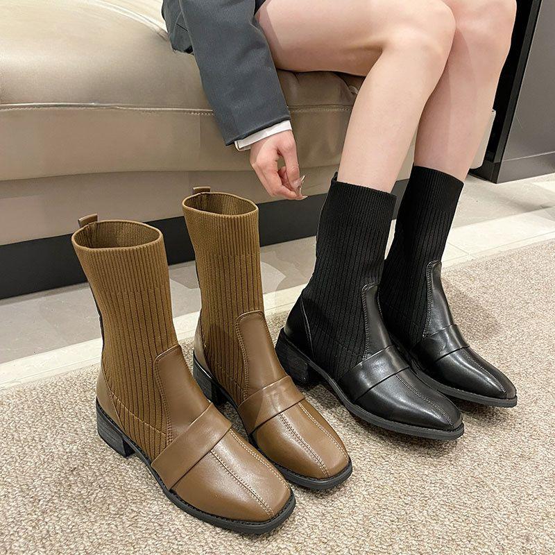 Fashion Women's Ankle Sock Boots Square Toe Booties Elegant with Medium Heels Female Short Shoes High Quality Footwear On Promotion Boot