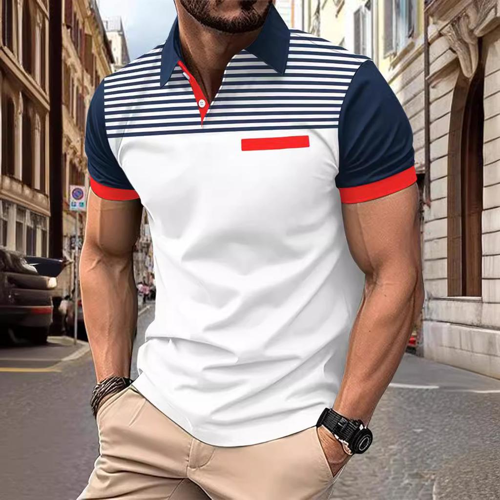 Летняя мужская повседневная рубашка-поло с коротким рукавом и принтом в полоску с фальшивыми карманами и лацканами