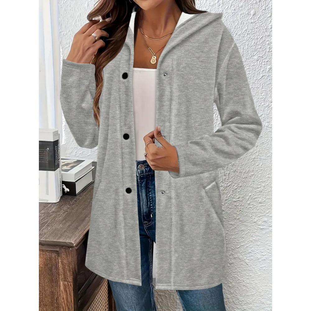 Женское пальто большого размера однотонное с капюшоном толстое на пуговицах для осени и зимы