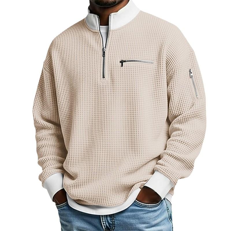 Unisex Stand Collar Colorblock Zip-Up Waffle Knit Sweatshirt Fall Casual Wear
