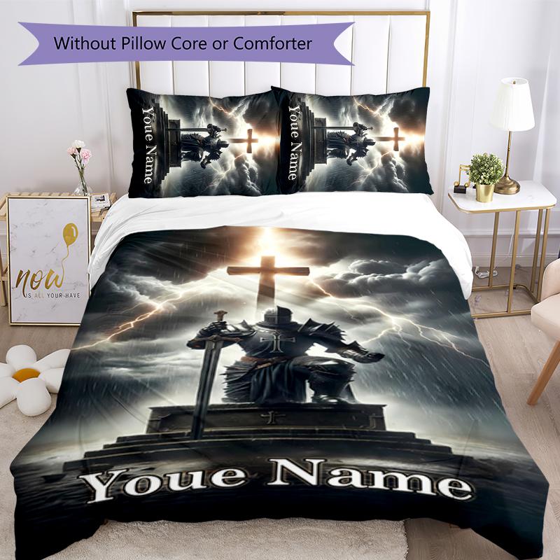 3pcs Custom Name Cartoon Knights Templar Bedding Set Duvet Cover Closure Includes 1 Duvet Cover & 2 Pillowcases for All Seasons Bedroom Decor
