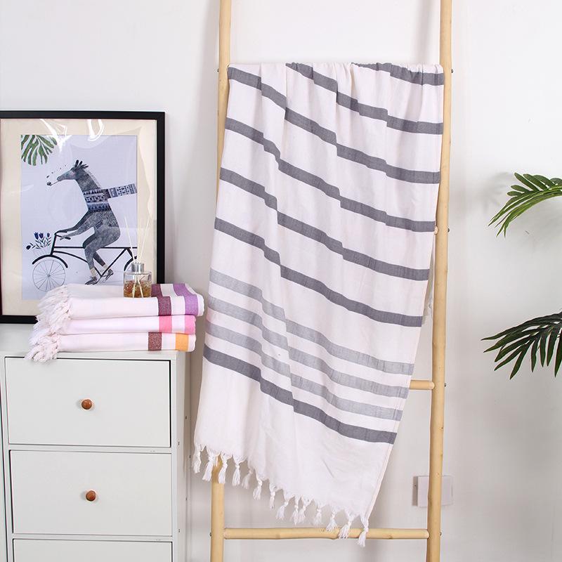 Turkish Cotton Striped Beach Towel with Tassels – Absorbent, Ideal for Bathing, Swimming, and Sun Protection
