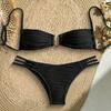2Pcs/Set Women Bikini Set Sling Bandeau Padded Bra Wrinkle Texture Briefs Set Patchwork Color Split Swimsuit