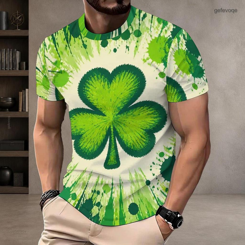 Men Plus Size Round Neck Short Sleeve Clover Printed Dark Green T Shirt Pullover Straight Hem