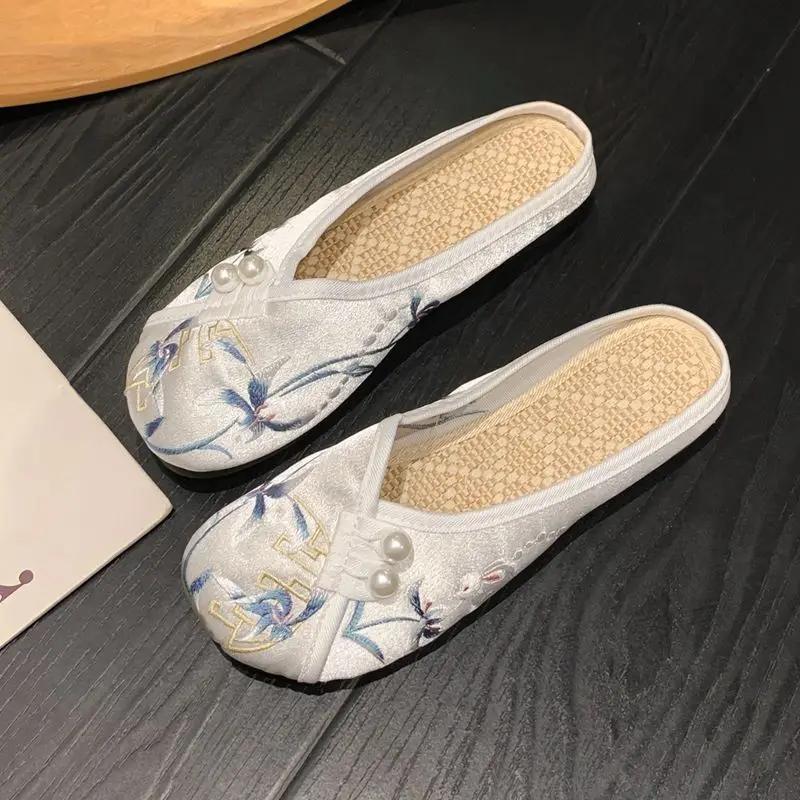 Модные женские тапочки весна осень мягкая подошва балетки Баотоу вышитые домашние тапочки повседневная обувь для женщин этнический стиль уличные тапочки