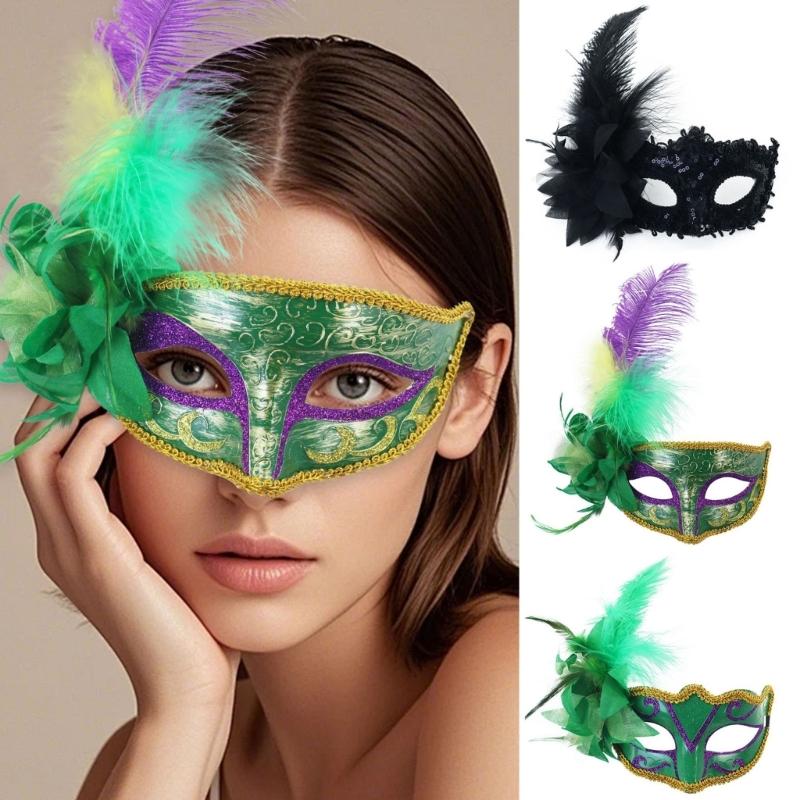 Flower Decoration Masquerade Mask Half Face Mask Halloween Party Mask Feathered Masquerade Eyewears For Women Cosplay
