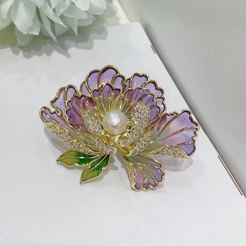 Chinese Style Peony Flower Brooch: High-End Enamel Painted Pin with Pearls for Women