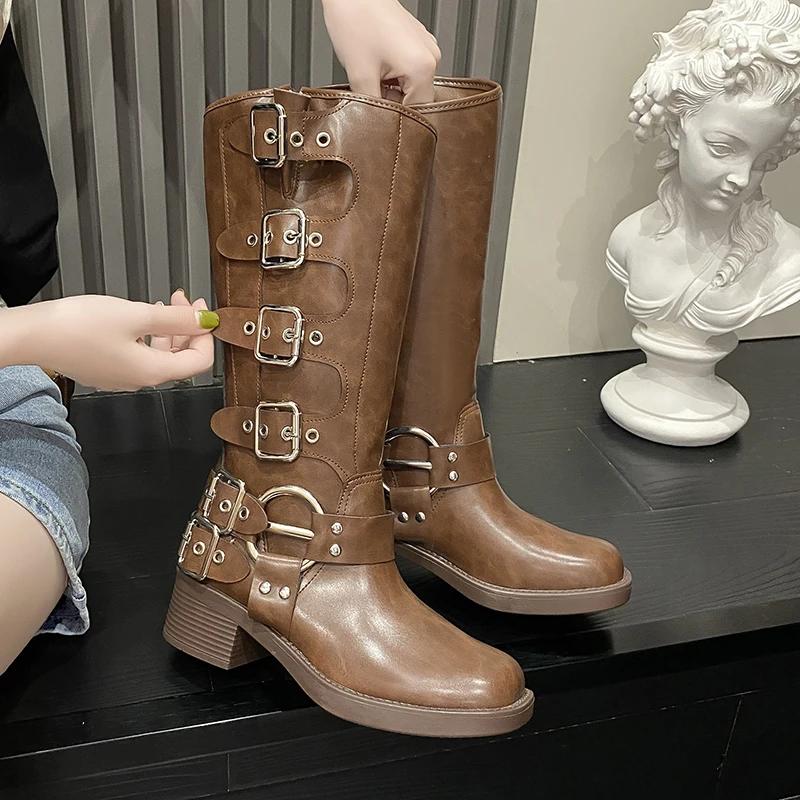 Fashion Ladies Shoes 2025 Brand Slip-on Women's Boots Fashion Metal Decoration Modern Boots Women New Belt Buckle Knee-High Bootszapatos
