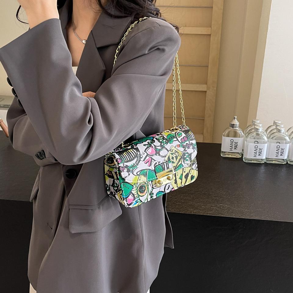 Женская мода Граффити Маленькая сумка 2024 Лето Дамы Клапан Телефон Вечерний Клатч Кошелек Сумки Через Плечо Для Женщин Цепи Сумки На Плечо