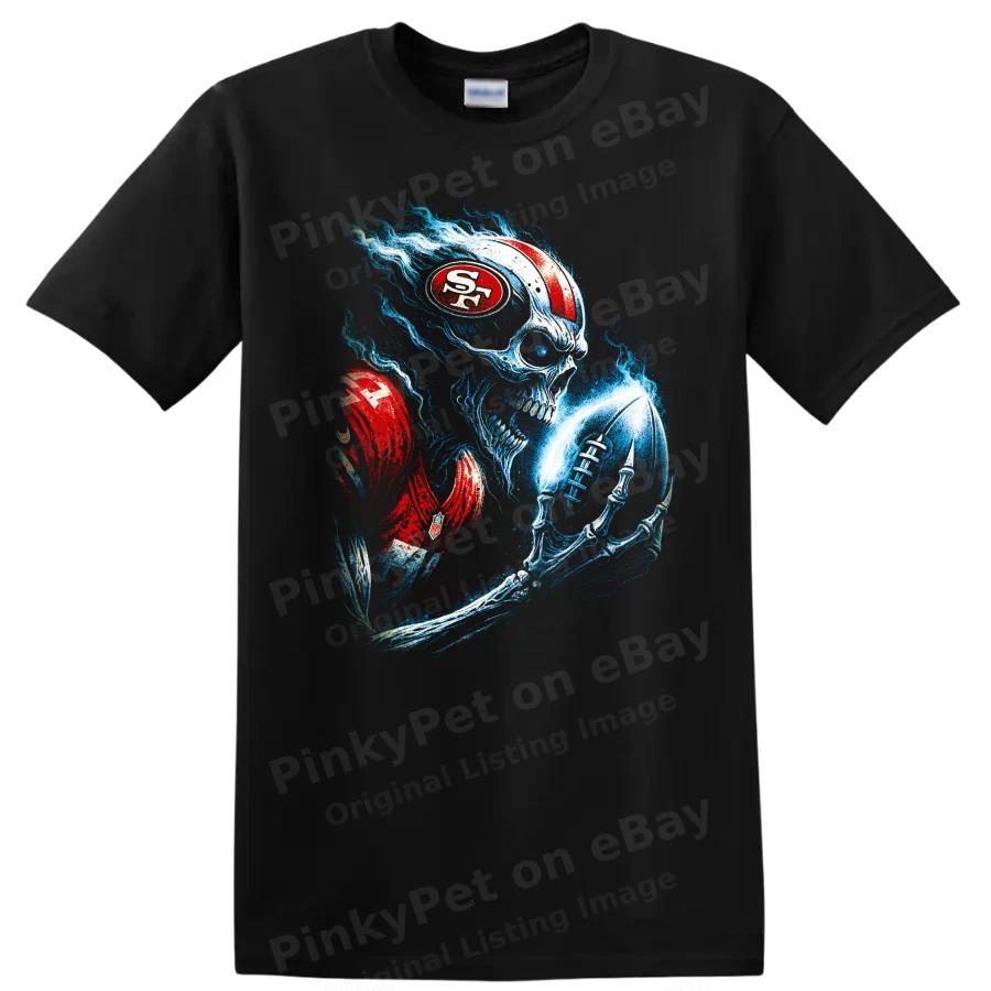 Skull Football T Shirt w/ Red Gold Helmet Blue Flames Gothic Graphic Art Tee