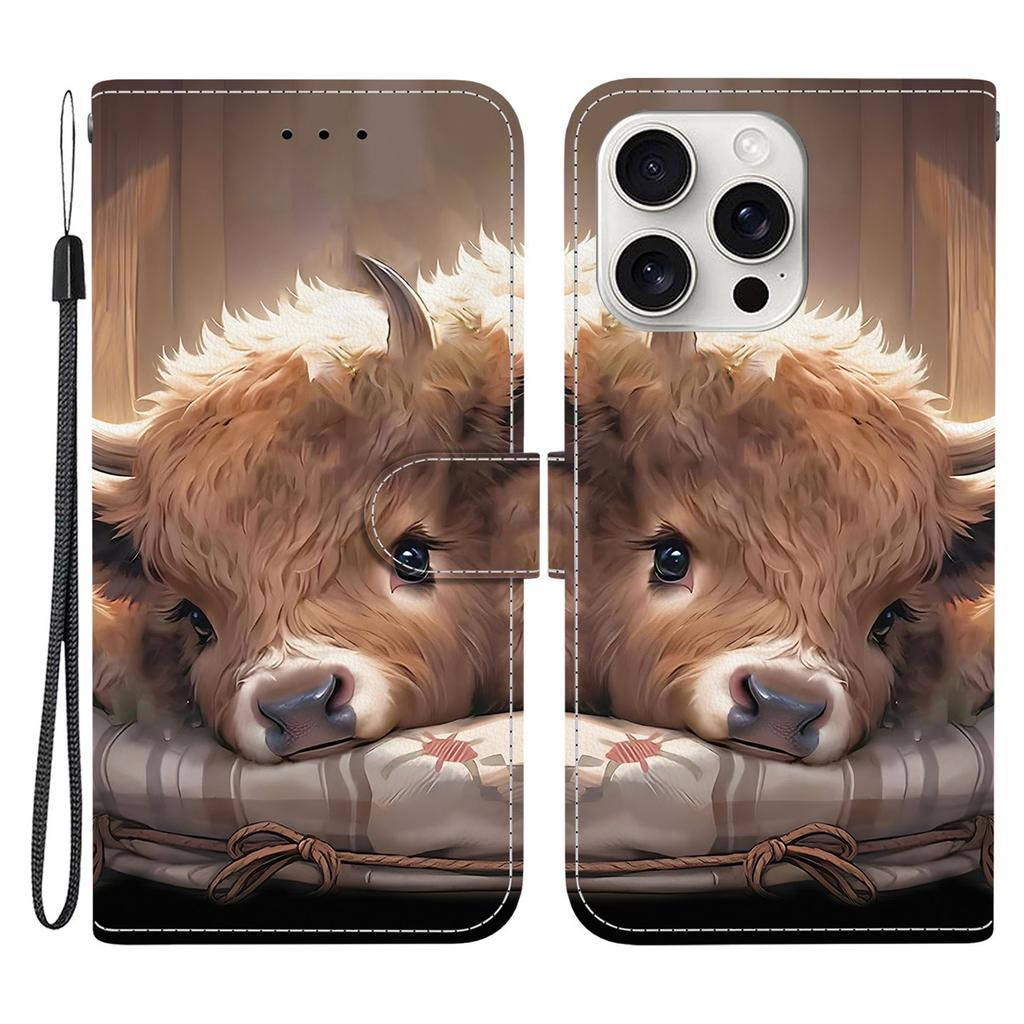 For iPhone 16 Pro Leather Case Stand Wallet Pattern Printing Phone Cover with Wrist Strap