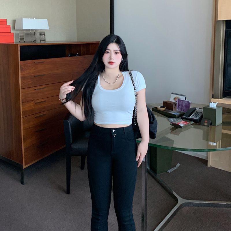 Women's Short-sleeved Big Yards U-shaped Collar Short Sleeve Thin Fashion Versatile T-shirt Slim Short Section Solid Colour Tops