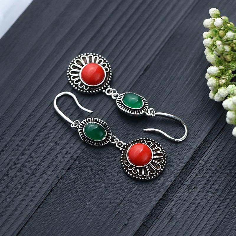 Китайские классические серьги чонсам ханьфу с имитацией южного красного агата и гальваническим покрытием из тайского серебра
