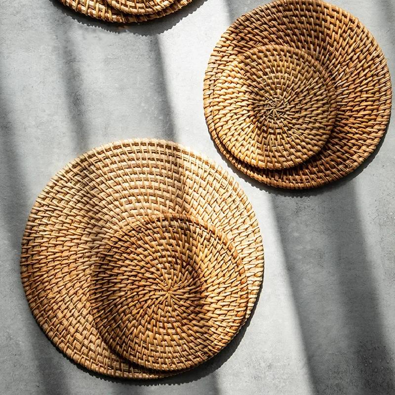 8-20cm Round Natural Rattan Cup Mat Coasters Hand Woven Hot Insulation Placemats Table Padding Kitchen Decoration Accessories