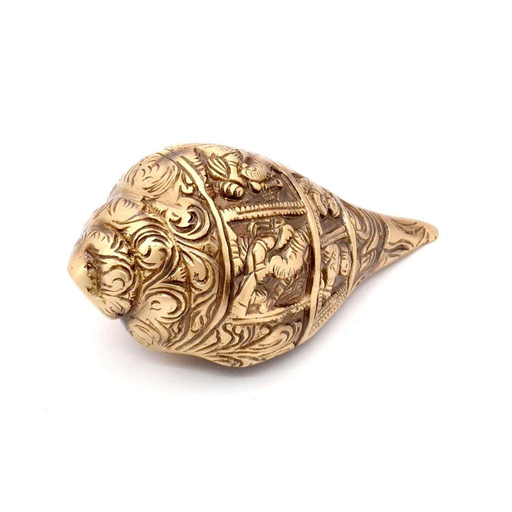 Ganesha Carving Brass Shankh Showpiece, Attractive Brass Conch for Temple/Home, Shankh for Pooja, Mandir Decorations Items