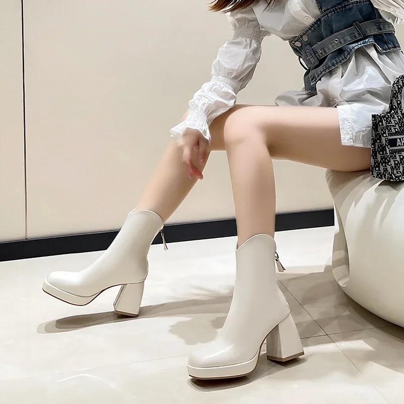 British Style Square Toe Ankle Boots for Women Autumn/Winter Back Zipper Thick High Heel Chelsea Boot Office Shoes Botas Mujer