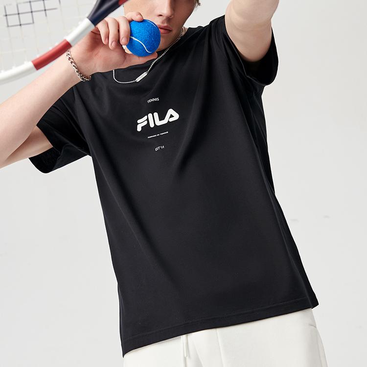 FILA Fusion Logo Print Breathable Color Block Short Sleeve T-Shirt Men tops Deep-Black T11M121101F-BK