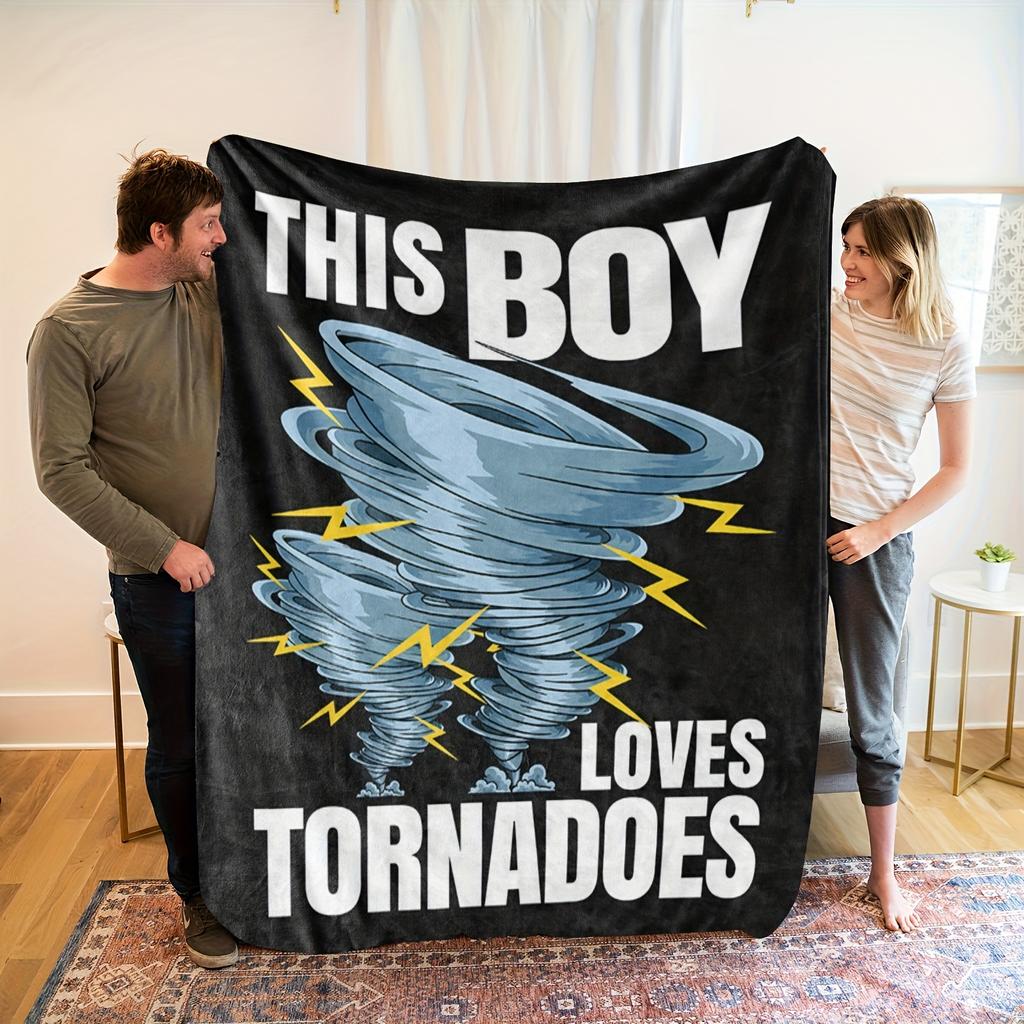 This Boy Loves Tornadoes" Black Flannel Throw Blanket - Stormy Turbo Design with Lightning Bolts & Cartoon Tornadoes, Modern Home Decor, Mac