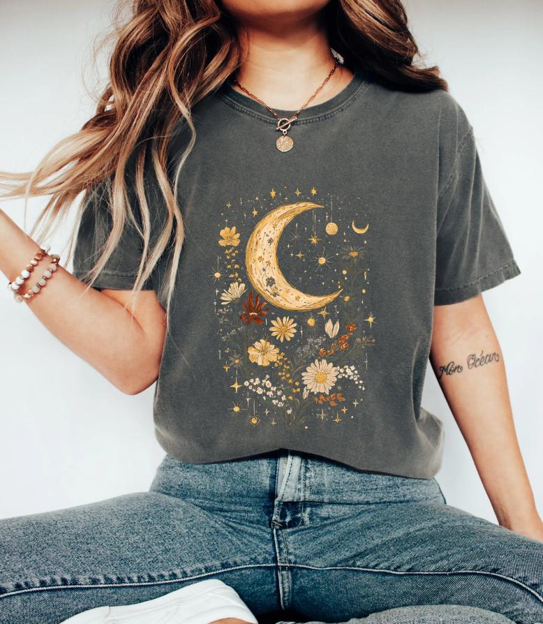 Большой размер Летняя женская рубашка с луной и полевыми цветами Коттеджкор Футболка Хлопок Дышащая Стильная Универсальная Уличный стиль Оверсайз