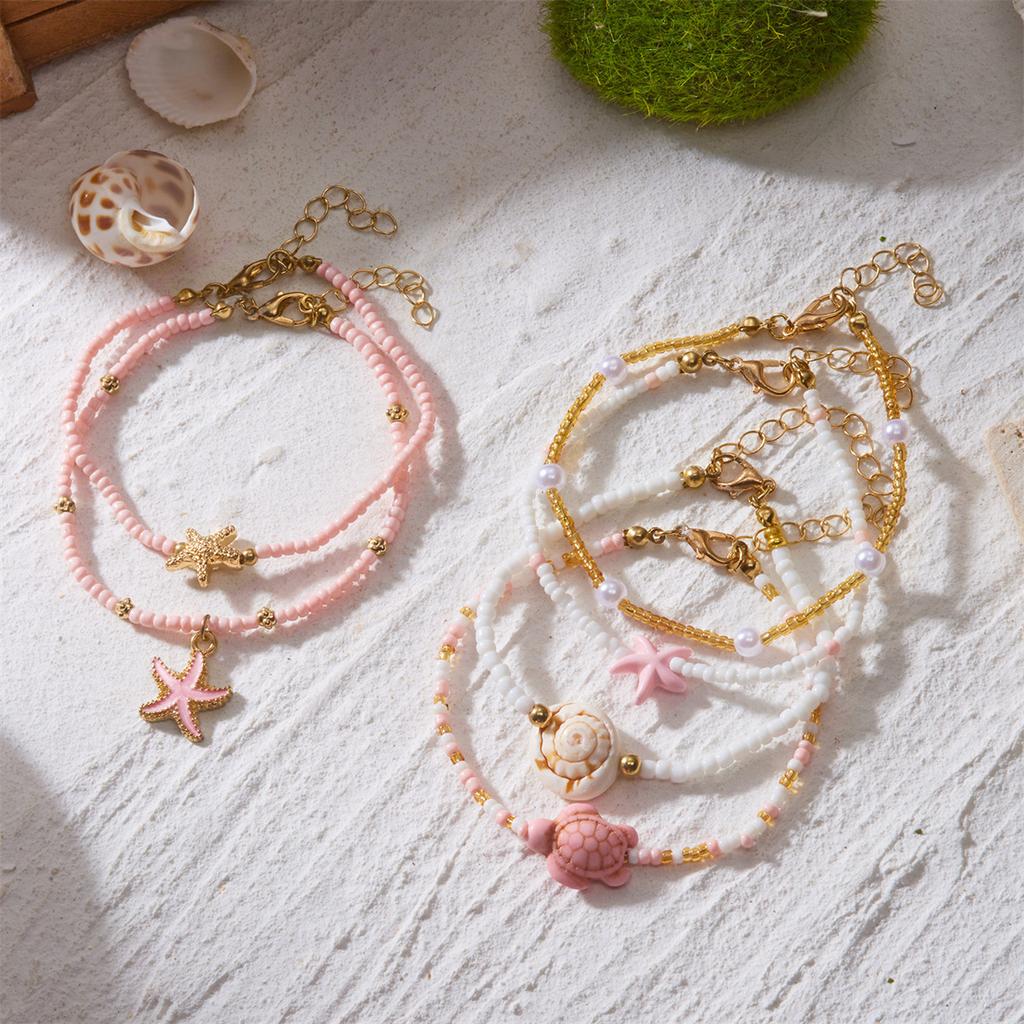 6 Pcs/Set Ceramic Sea Turtle Starfish Stacked Bracelets for Women Bohemian Pink Rice Beaded Multilayer Bracelets Party Jewelry
