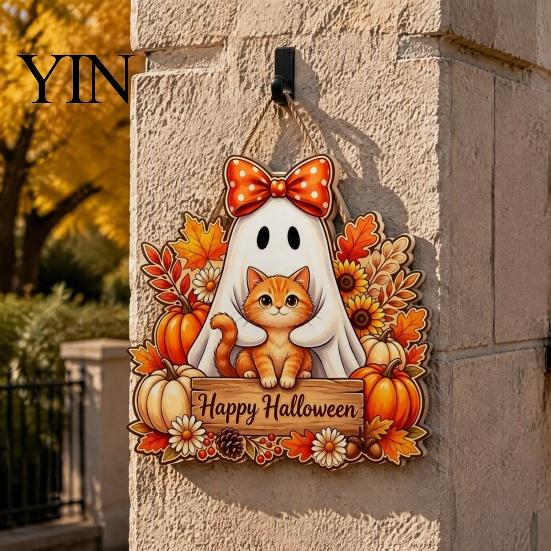 Decorative Wood Board Halloween Wooden Hanging Sign, Happy Door Sign with Gnomes/Ghosts, Retro Ornament for Shop Autumn Harvest Festival Wall