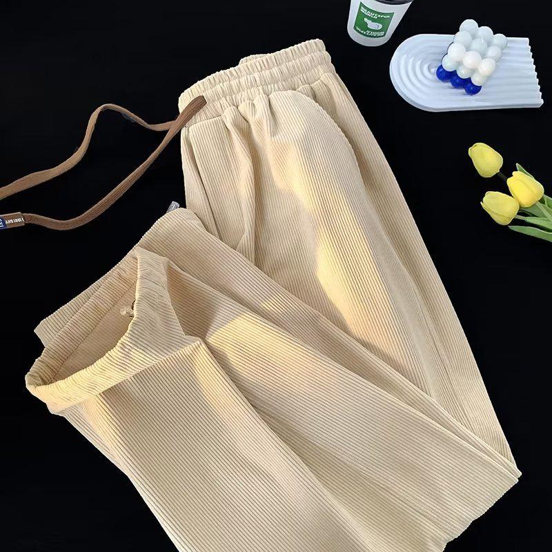Men's Japanese Retro Corduroy Drawstring Pants - Loose, Wide-Leg, Straight Fit for Spring and Autumn