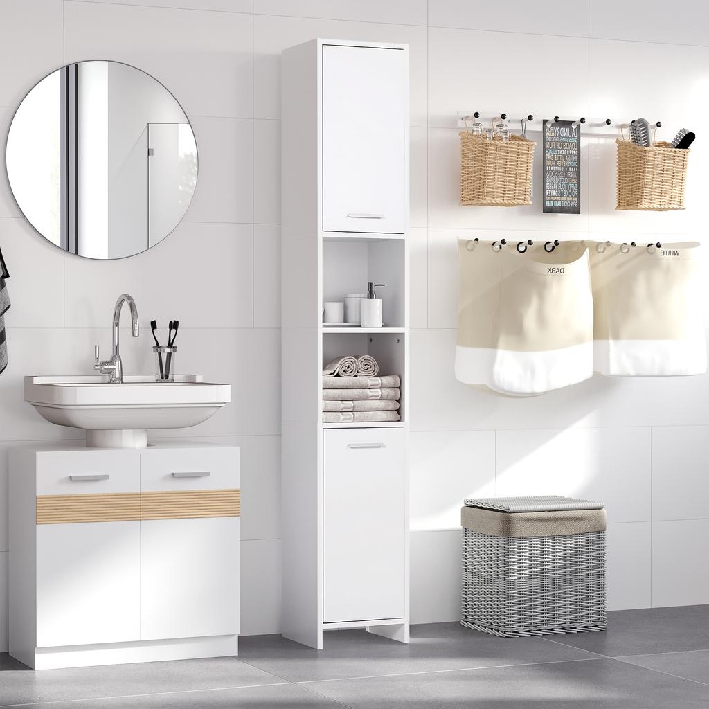 Bathroom Floor Storage Cabinet Slim Tallboy w/ Door Cupboard & Shelves For Living Room, Bedroom, Hallway White