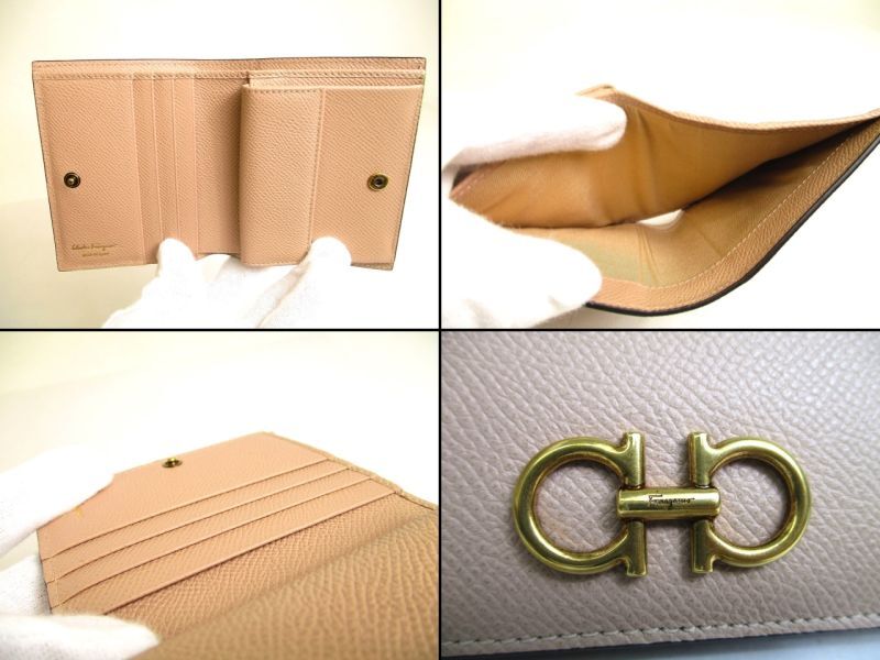 Подлинный кошелек Salvatore Ferragamo Gancini бежевого цвета из кожи золотого цвета H/W Bifold #a194, восстановленный