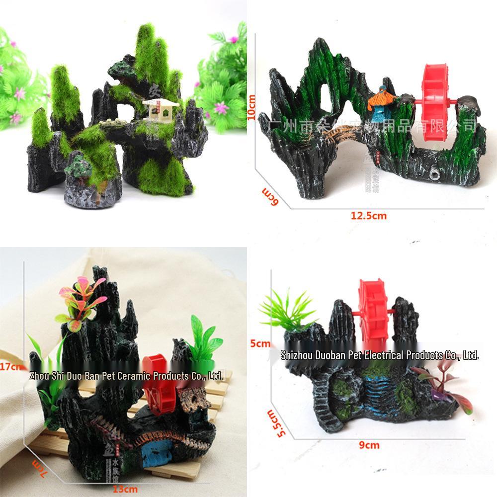 Декорация для аквариума "Каменная горка-ветряная мельница" с водяным колесом, приводимым в движение воздушным насосом