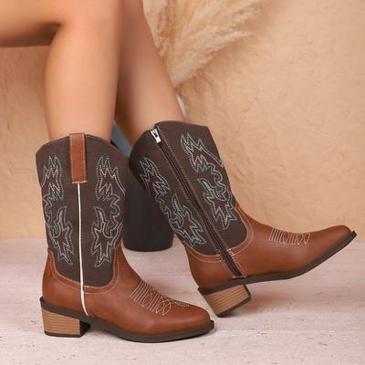 Осень внешняя торговля большой размер ретро стиль толстый каблук высокие сапоги женские трансграничные вышивка сочетание цветов темперамент боковая молния рыцарские сапоги