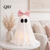Cute Ghost Halloween Ornament LED Decoration, Pink Bow Tabletop Ornament, Soft Non-snag Fabric Decoration Haunted House Decor with Warm Glow for Home