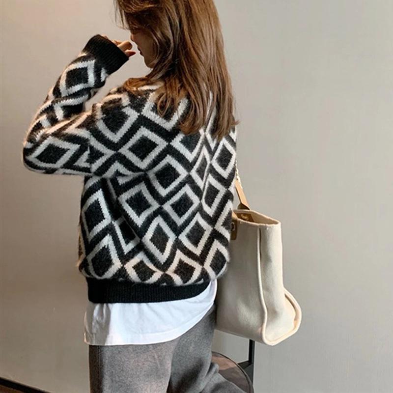 Women's Argyle Sweater Long Sleeve Vintage Female Pullover Fall Winter Korean Jumpers Loose Casual Knitwear Tops