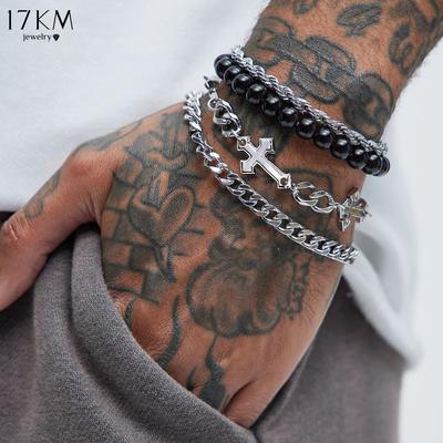 17KM браслет из нержавеющей стали с крестом, 4 шт./комплект, простая мужская цепочка, ручная работа, черный браслет с бусинами, Pulsera Hombre, бесплатная доставка