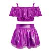 Girls Dance Performance Outfit Off Shoulder Spaghetti Straps Metallic Ruffles Crop Top Shiny Tutu Skirt