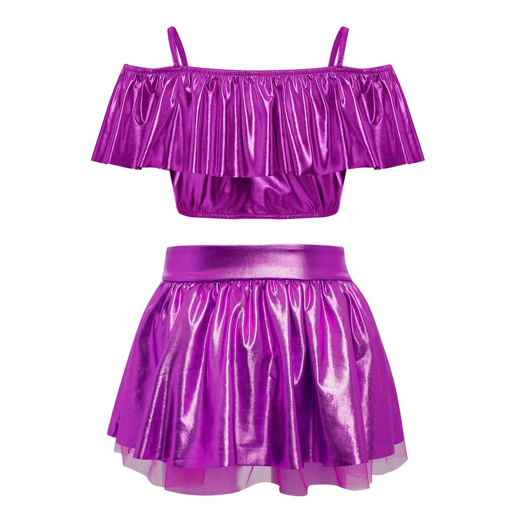 Girls Dance Performance Outfit Off Shoulder Spaghetti Straps Metallic Ruffles Crop Top Shiny Tutu Skirt