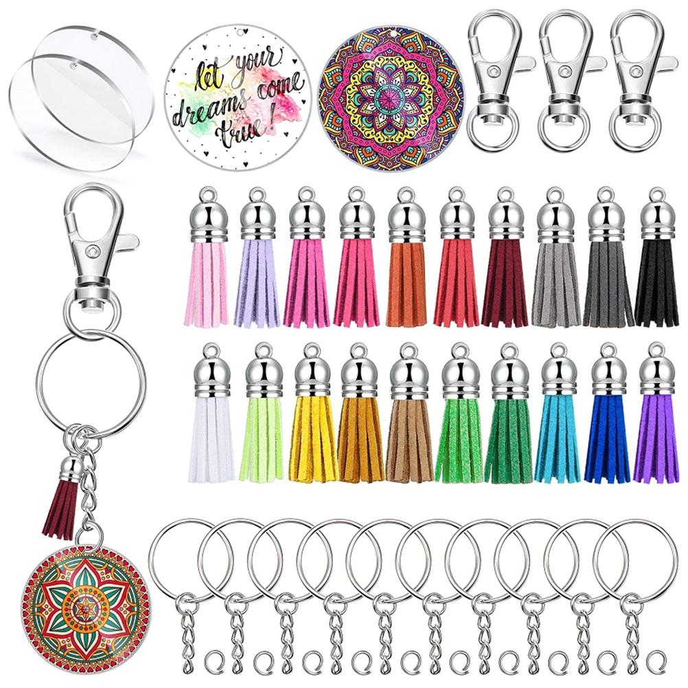 Набор из 100 прозрачных пустых брелоков для сублимации, включая акриловые заготовки, кольца для ключей и маленькие кольца