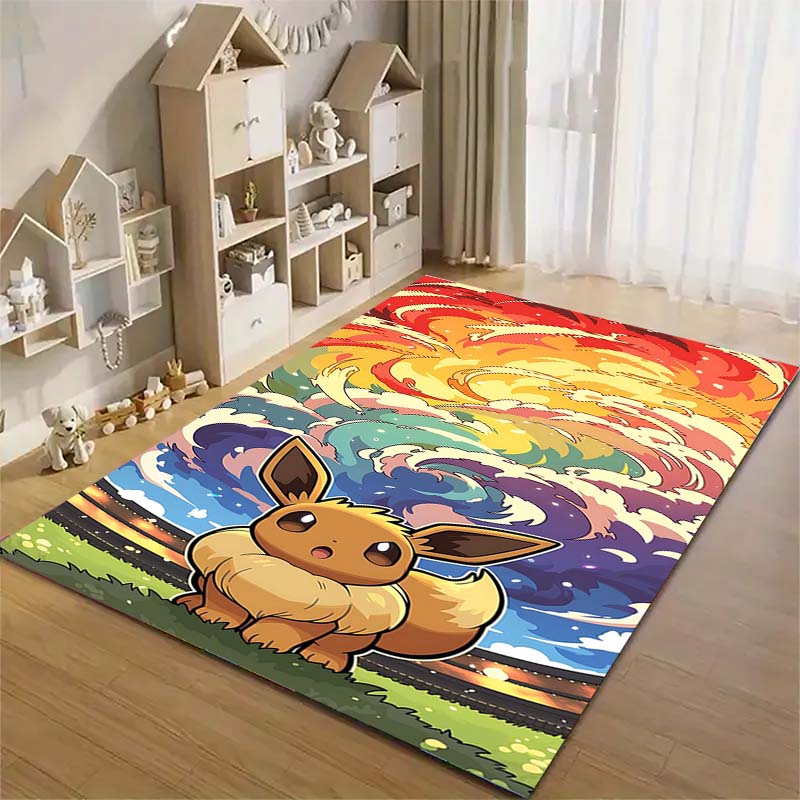 Lovely Eevee Character Carpet Cute Pocket Monster Printed Area Rug for Girls Teens Bedroom Decoration